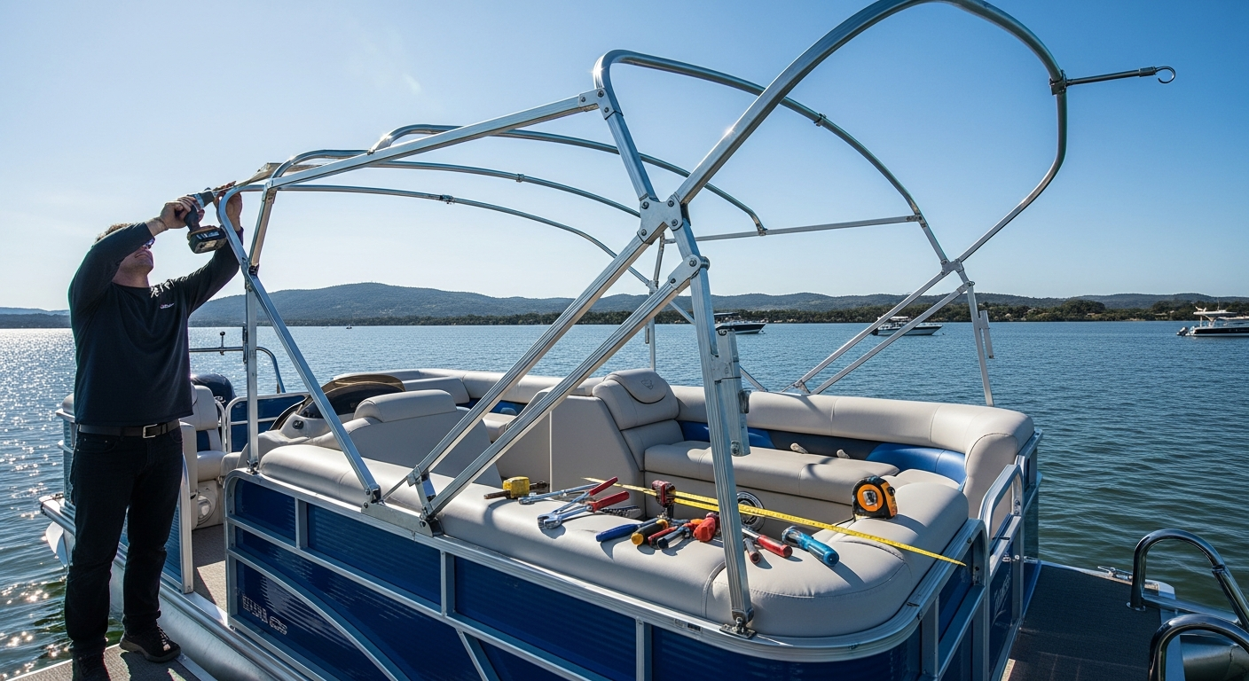 Stainless steel bimini top being installed on a pontoon boat