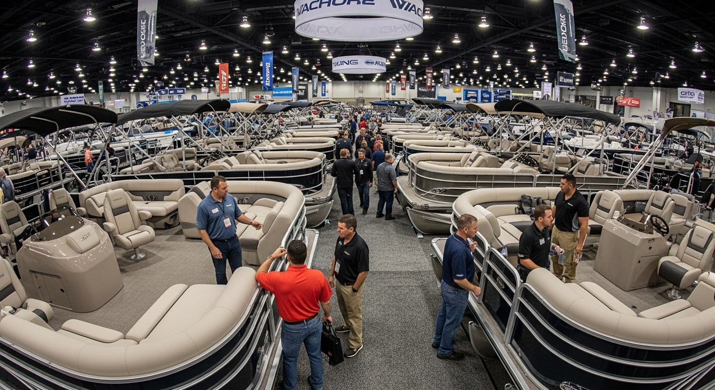 Boat show floor with pontoon boats on display