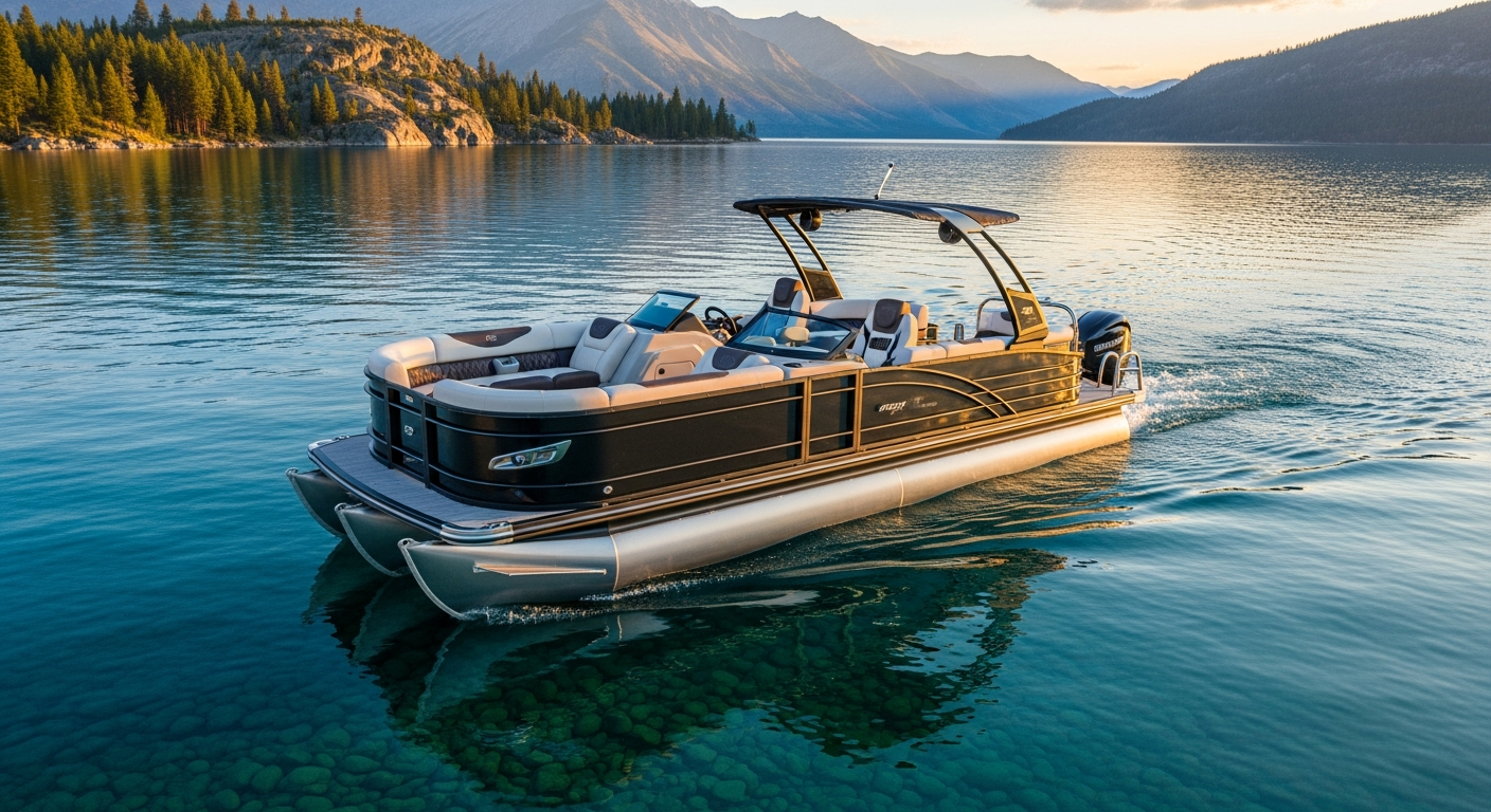Luxury pontoon boat cruising on a clear lake