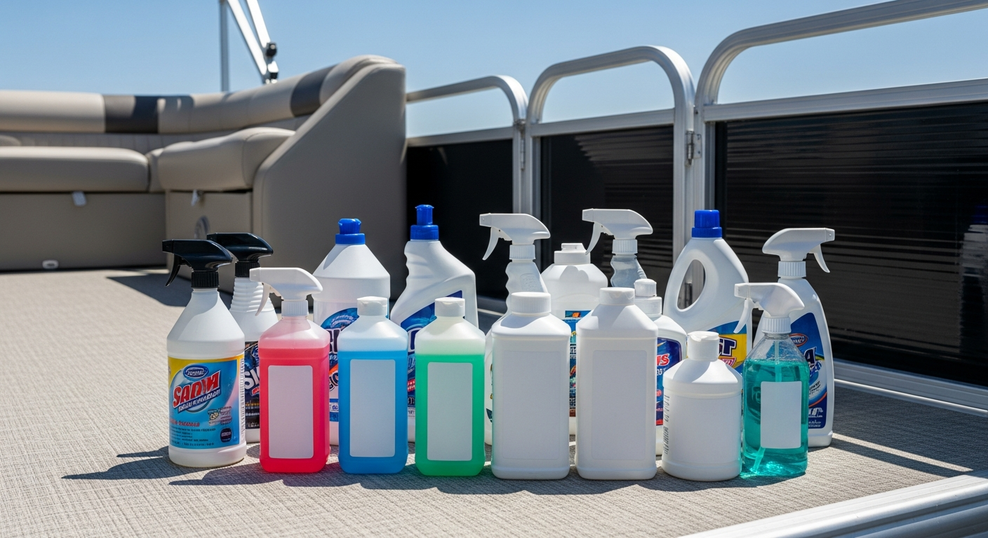Marine cleaning products on a pontoon boat deck