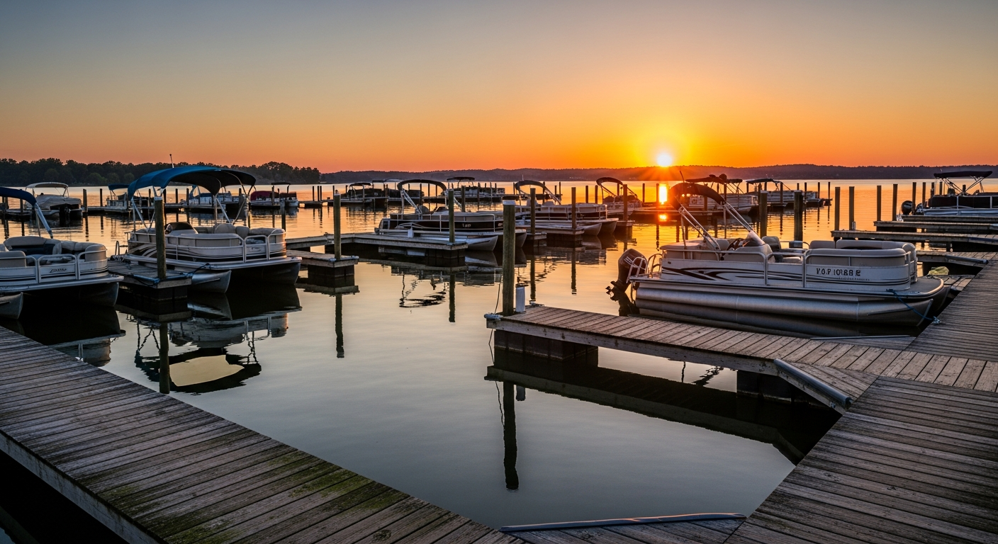 Marina at sunset with pontoon boats at the dock