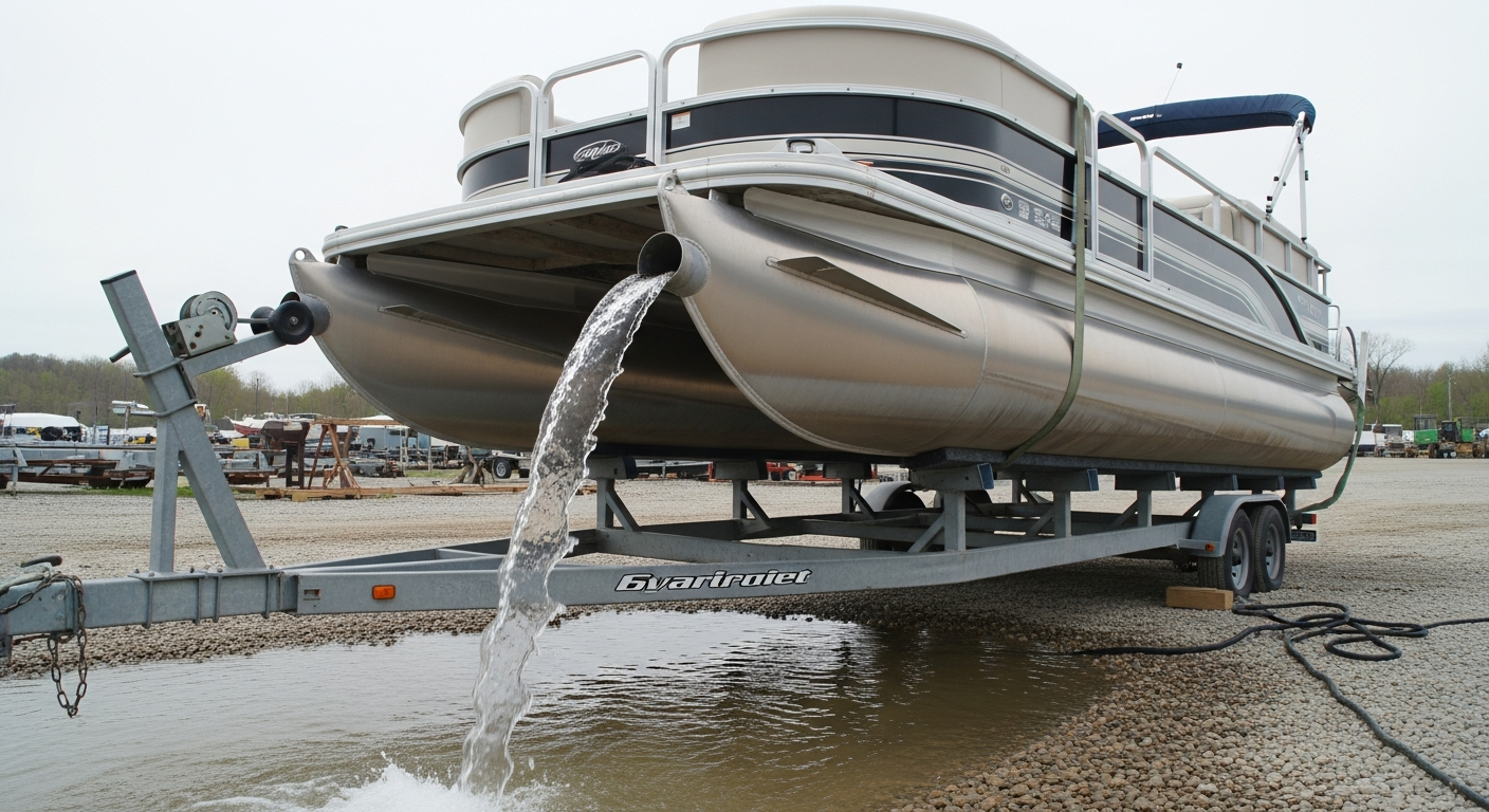 Pontoon boat on trailer with water draining from log