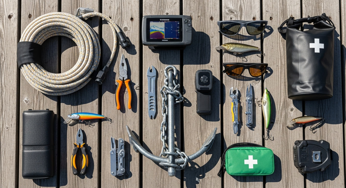 Marine accessories and gear laid out on a dock
