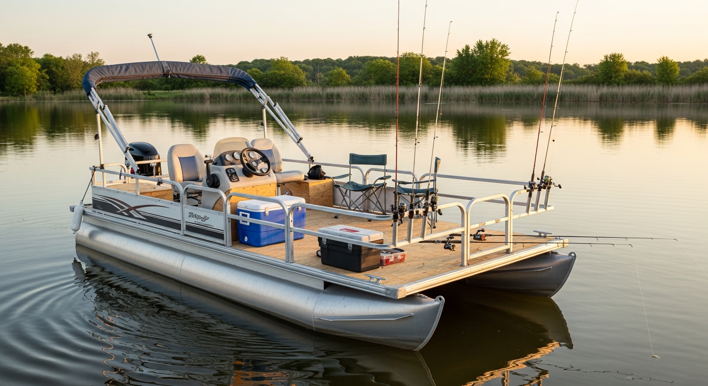 Fishing pontoon boat on a calm pond