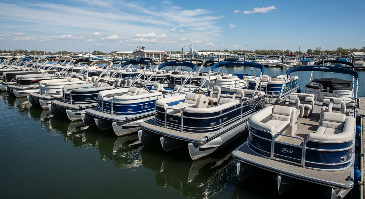 Pontoon boats lined up at a marina dock