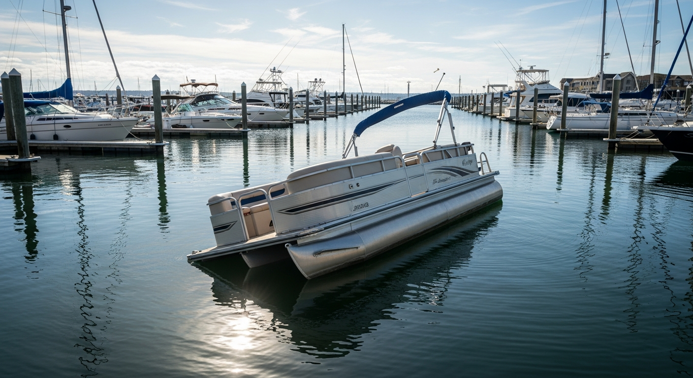 Pontoon boat sitting low at the stern in water