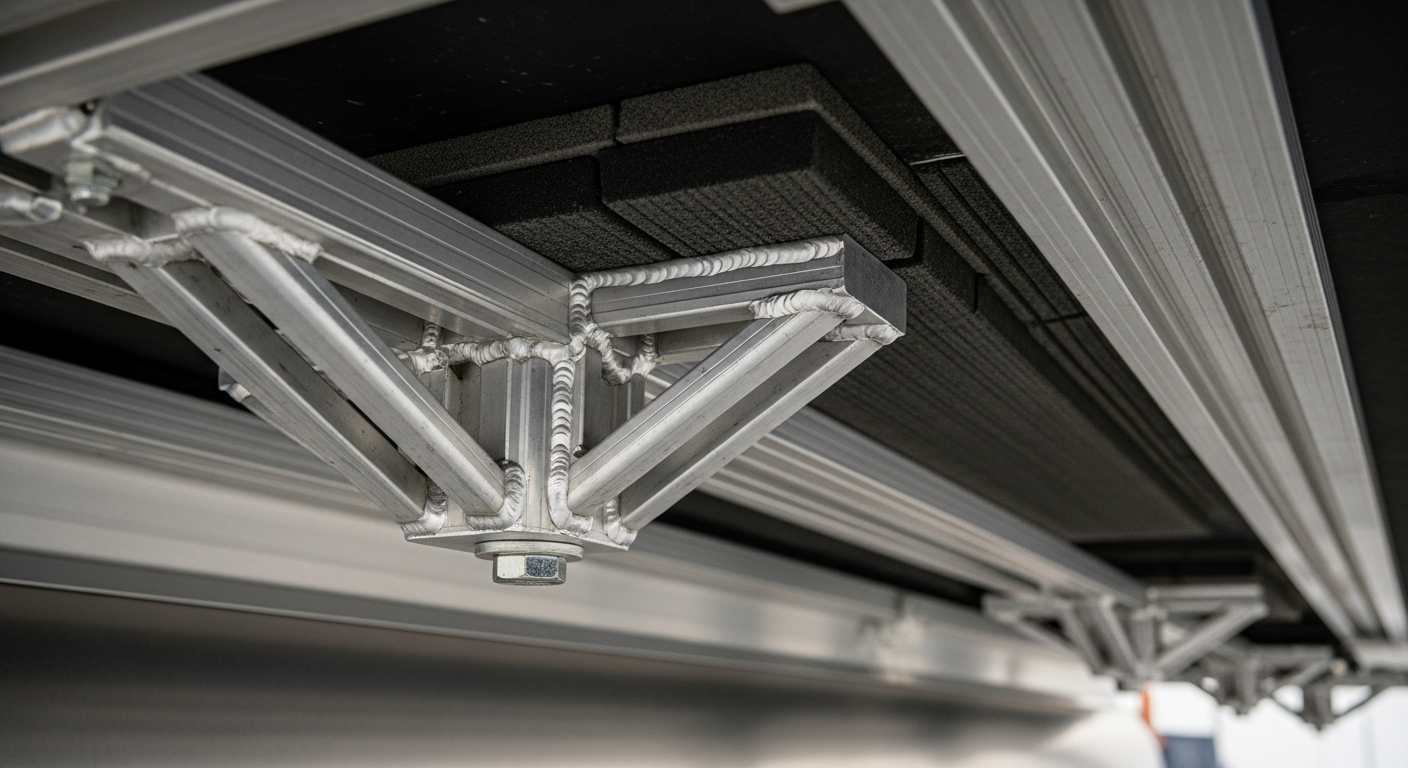 Close-up of pontoon boat aluminum log mounting brackets