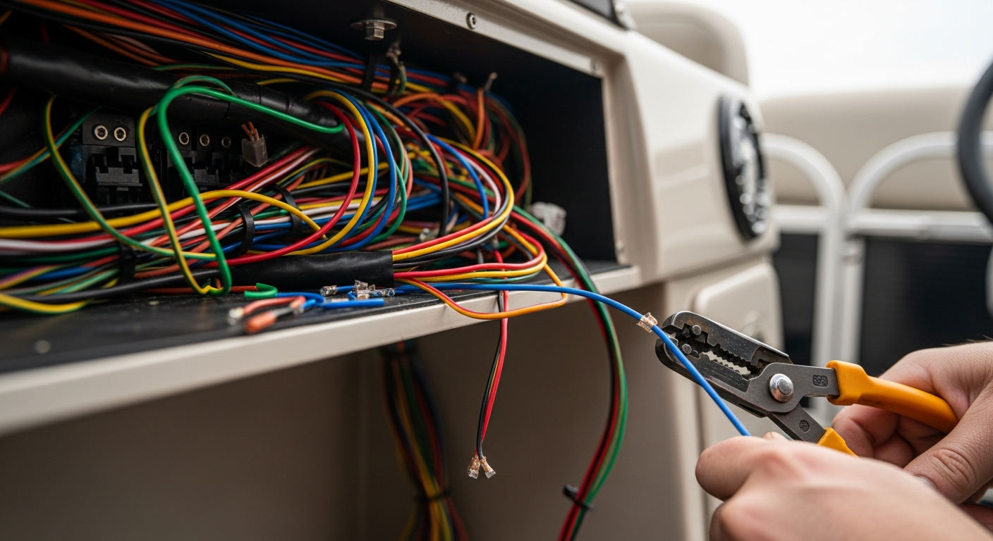 Tangled boat wiring under a pontoon console panel