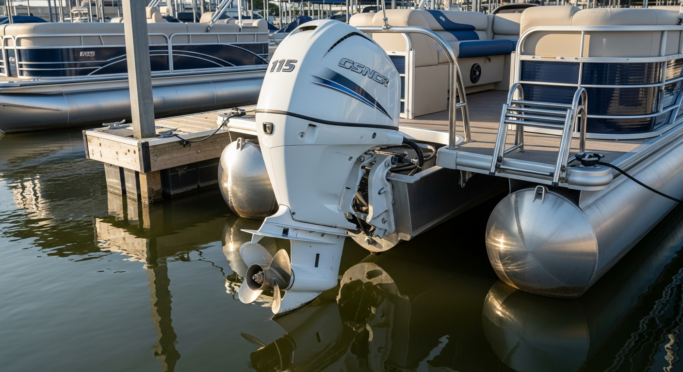 Propeller on a 115HP outboard engine at a marina