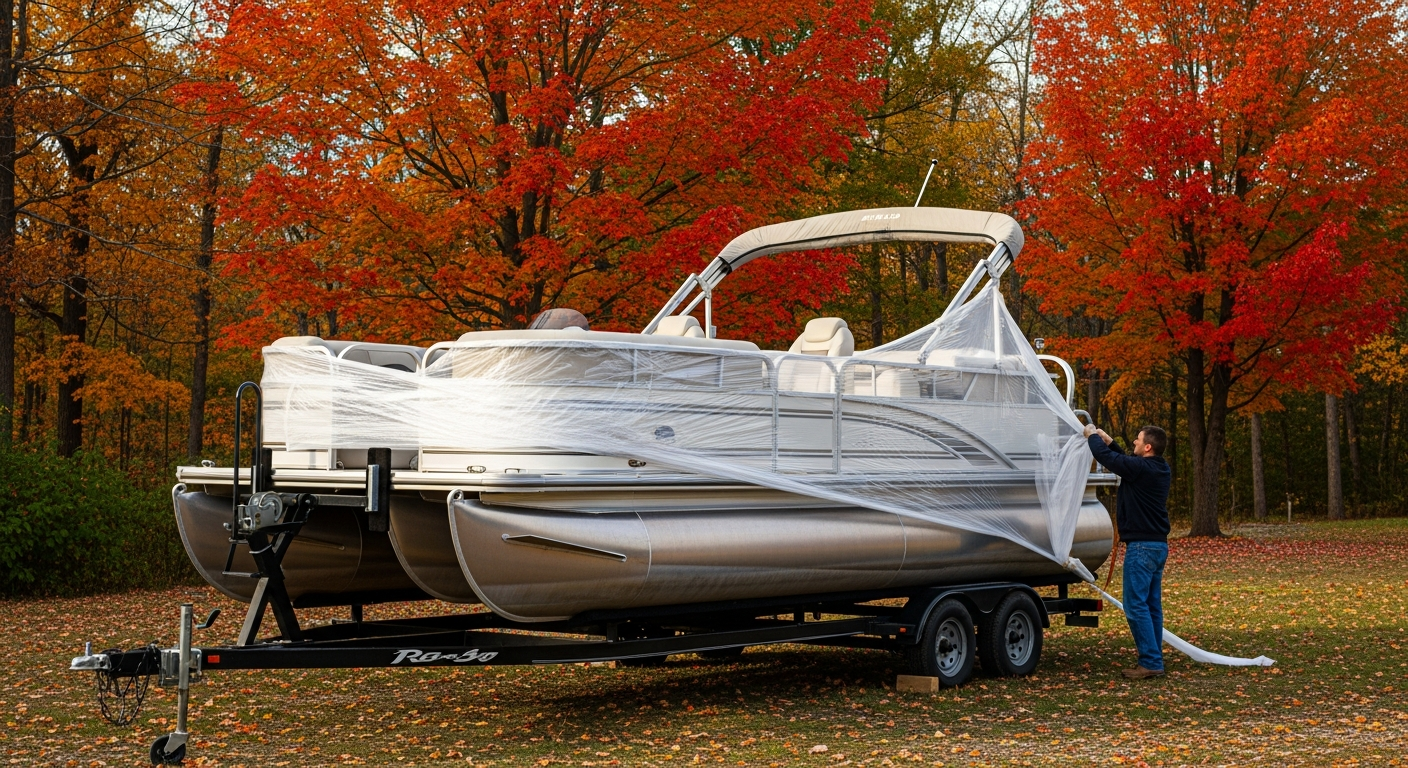 Pontoon boat being winterized on a trailer