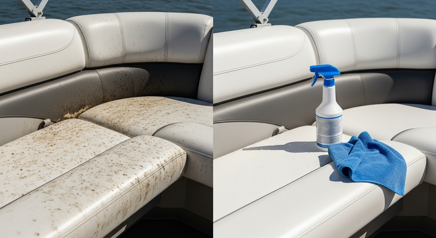 Pontoon boat vinyl seat being cleaned