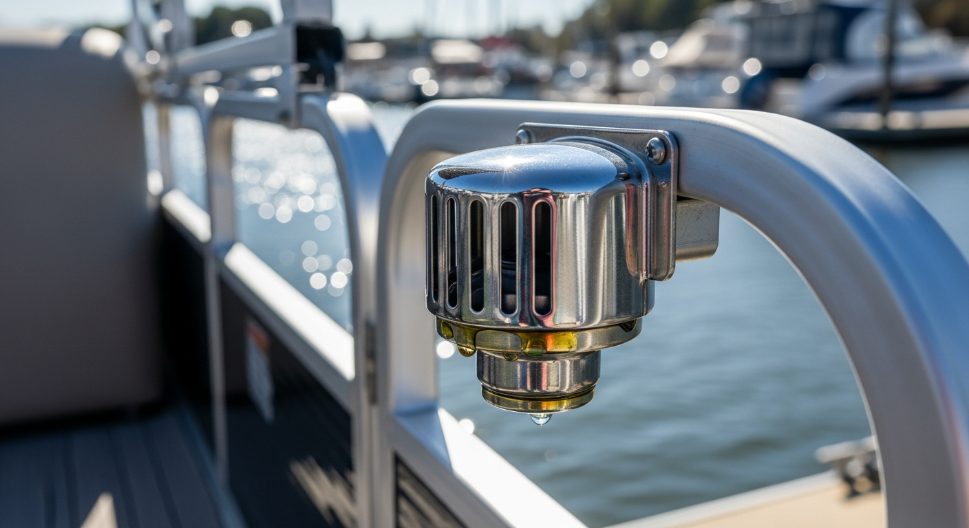 Marine fuel tank vent fitting on a pontoon boat