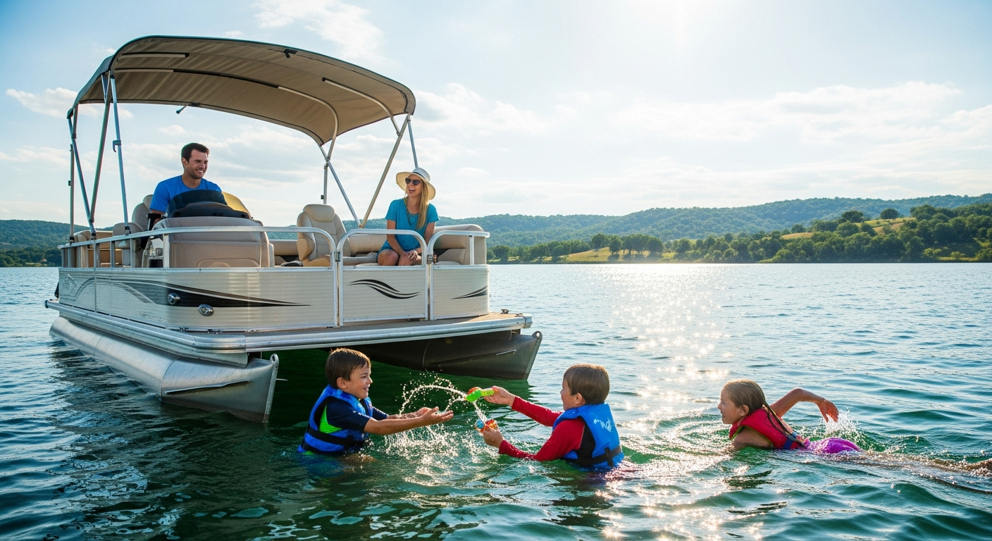 Family pontoon boat on a sunny lake