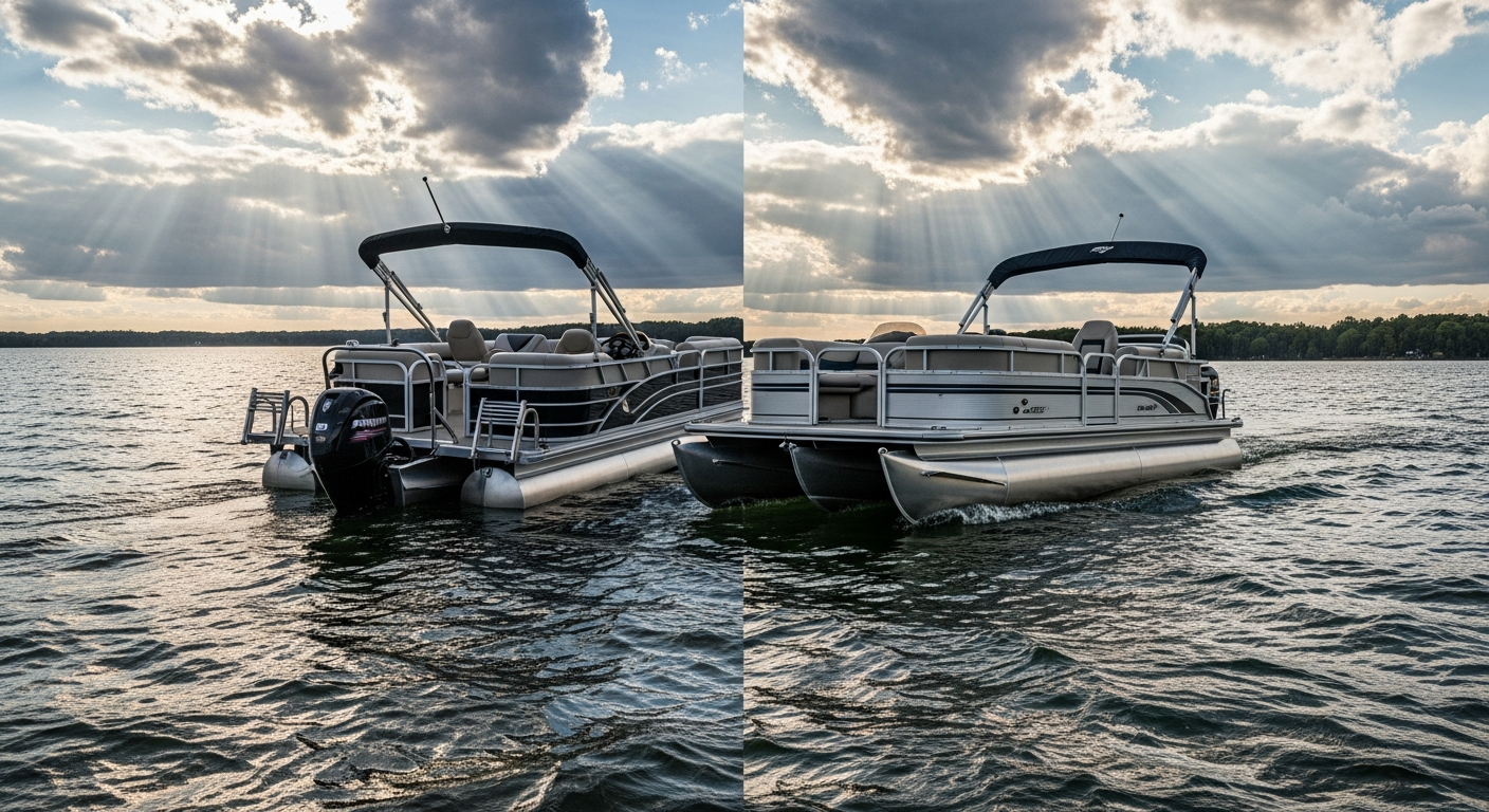Pontoon and tritoon boats on choppy water