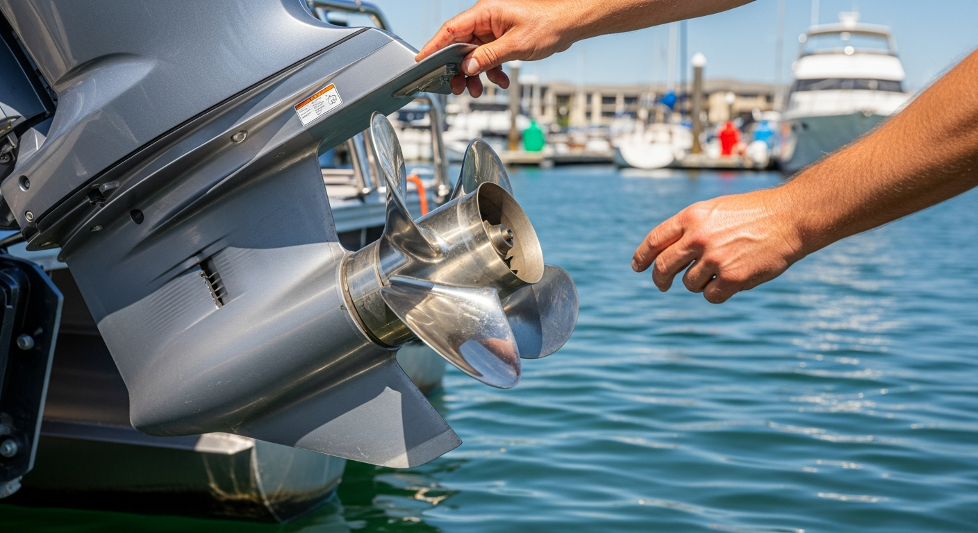 Stainless steel boat propeller next to an outboard motor