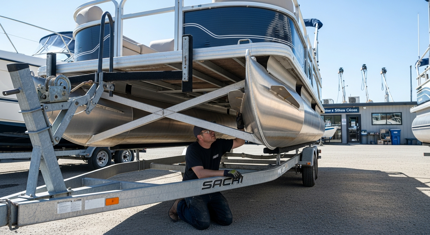 Person inspecting a used pontoon boat on a trailer