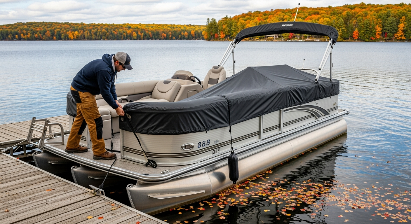 Installing a mooring cover on a pontoon boat